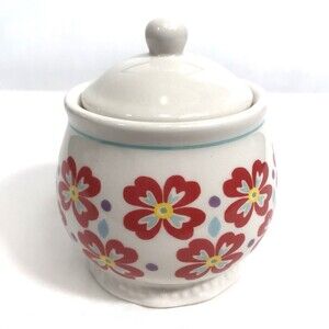 Pioneer Woman Ceramic Sugar Bowl & Lid Red Floral Retro Canister Flea Market